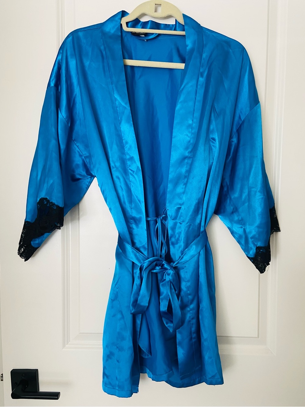 Frederick’s Of Hollywood Satin Royal Blue with Black Lace Trim Short Robe Kimono